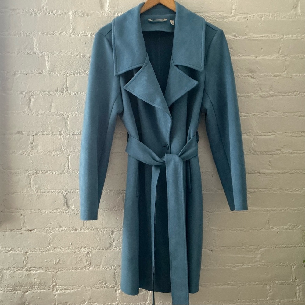 Soft Surroundings Blue Faux Suede Belted Trench Coat Jacket Size M Chic Sleek
